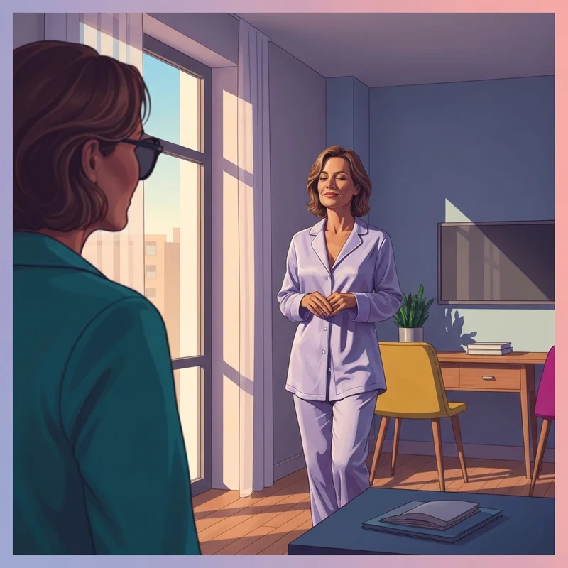 A woman confidently managing her cycle and dealing with ovulation and bloating in a bright, modern setting.