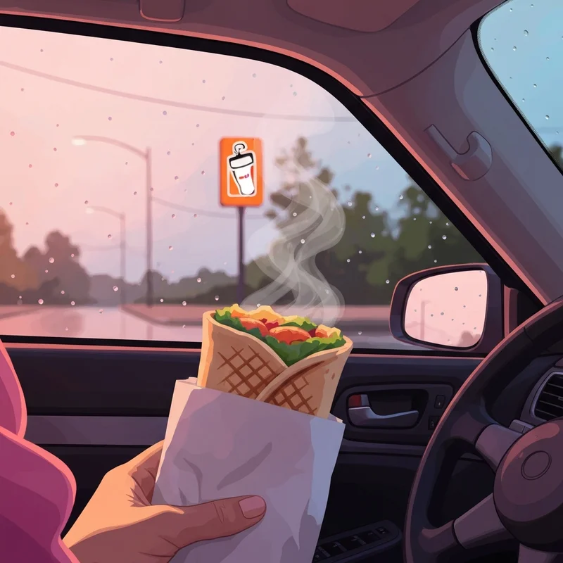 A close-up of Dunkin Donuts wraps being held in a car during a morning commute.