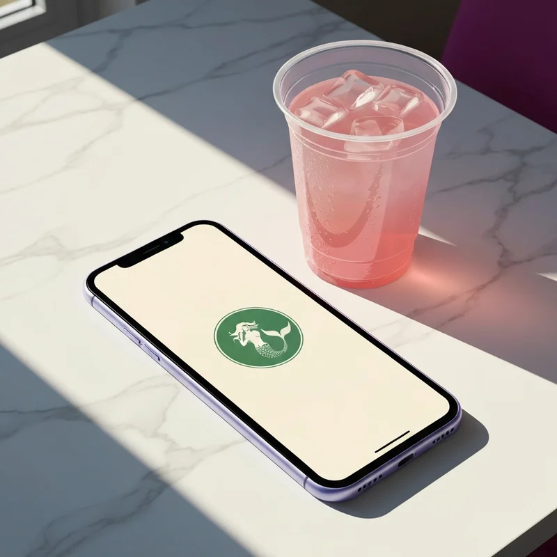 A minimalist workspace featuring an aesthetic Starbucks Wallpaper on an iPhone screen next to a refreshing iced drink.
