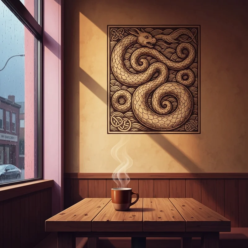 The original 1971 starbucks old logo featuring the twin-tailed siren in a rustic Seattle setting.