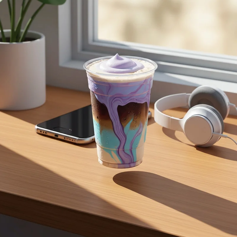 A perfectly layered dunkin brown sugar shaken espresso on a modern aesthetic desk setup with soft morning light.