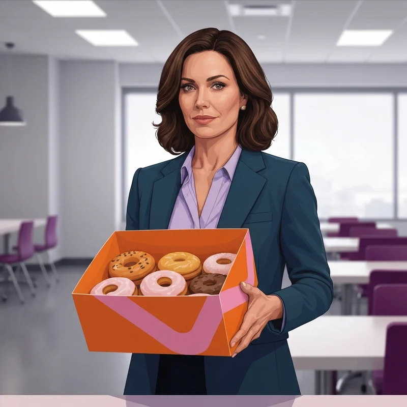 A professional woman carrying a box of pastries, illustrating how much are doughnuts at dunkin doughnuts for an office event.