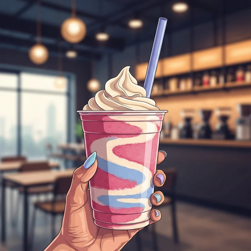 A perfectly blended pink cotton candy frap starbucks with whipped cream in a sunny coffee shop setting.