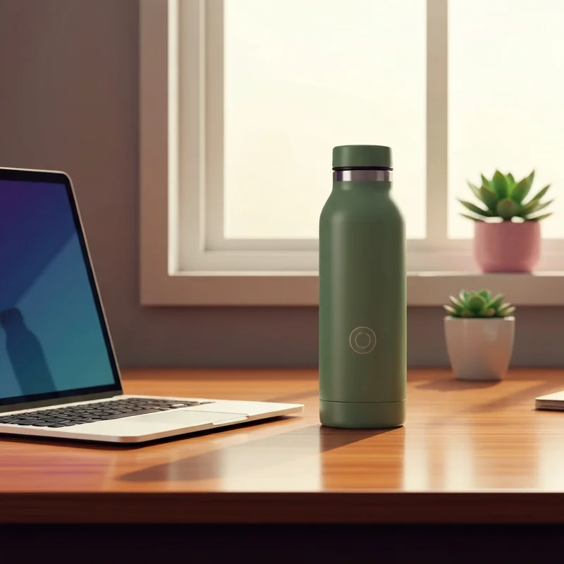 A premium vacuum flask starbucks sitting on a professional office desk during a sunny morning.