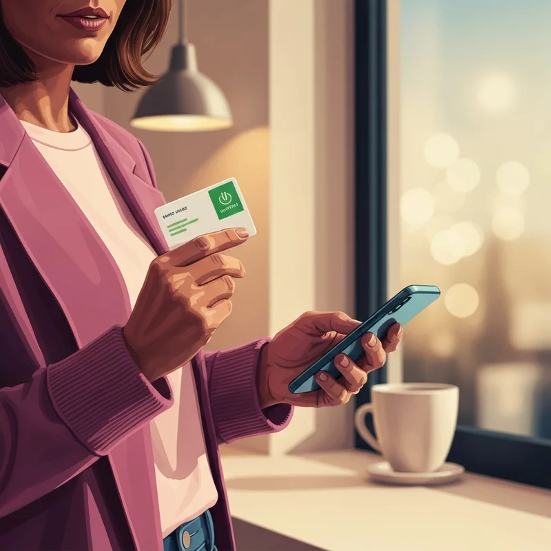 A young person looking for where is security code on starbucks gift card in a sunny cafe.