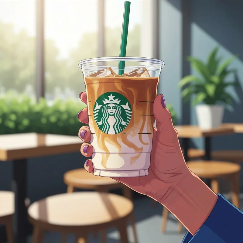 A hand holding a clear cup of iced coffee representing the variety of vegan starbucks drinks available in a modern cafe.