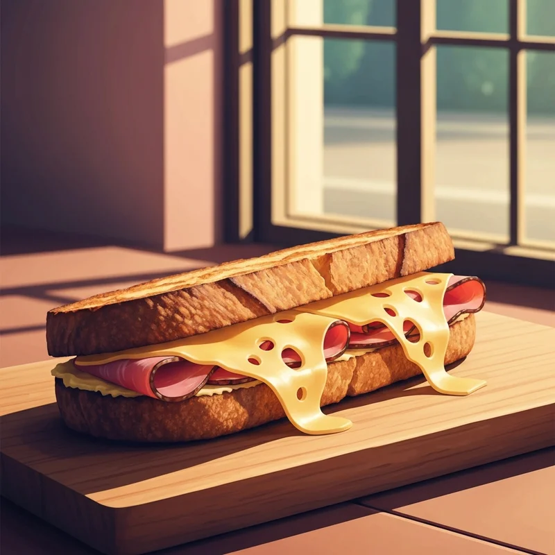 A perfectly toasted ham and swiss baguette starbucks style sandwich on a rustic wooden plate.