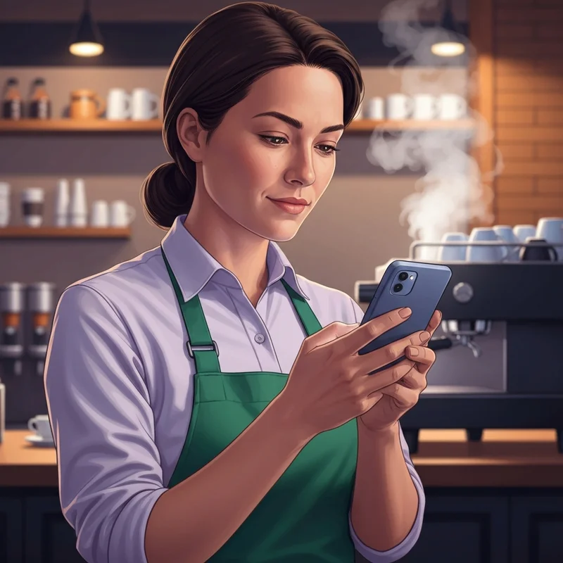 A young barista checking their starbucks my schedule on a smartphone in a cozy cafe setting.