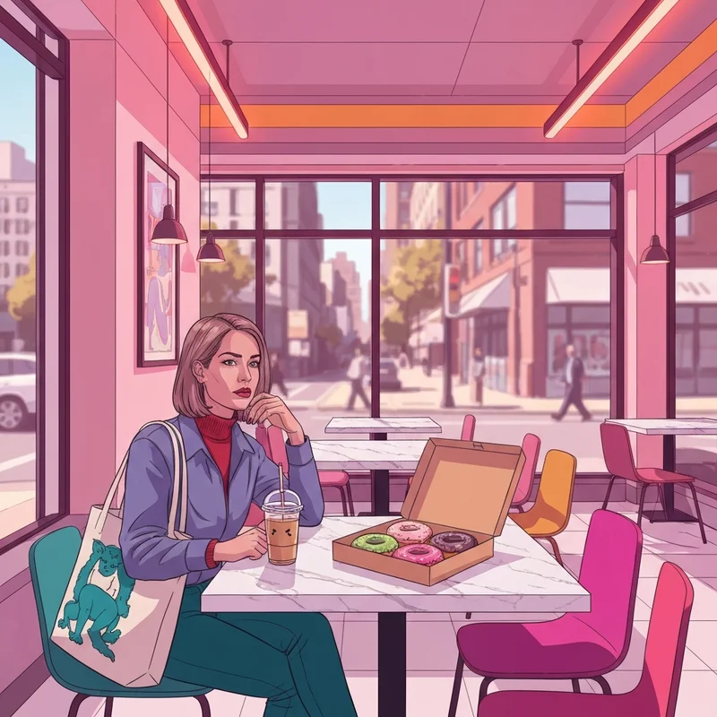 A stylish young person enjoying dunkin donuts free donuts and an iced coffee in a vibrant pink and orange themed cafe.