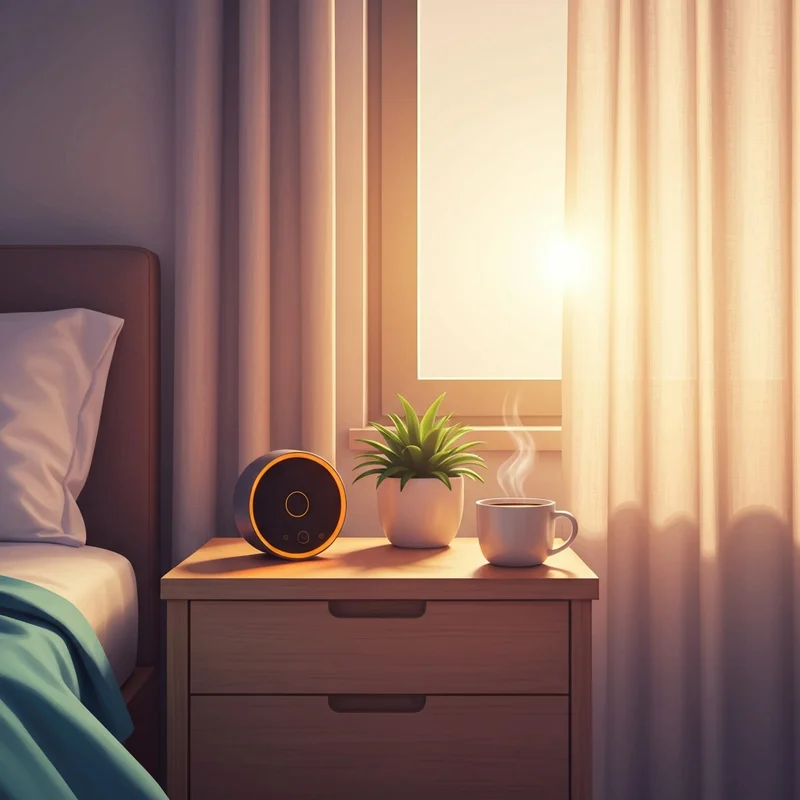 A serene morning bedroom scene featuring the Hatch Dunkin' Coffee Alarm Clock glowing with warm sunrise light on a nightstand.