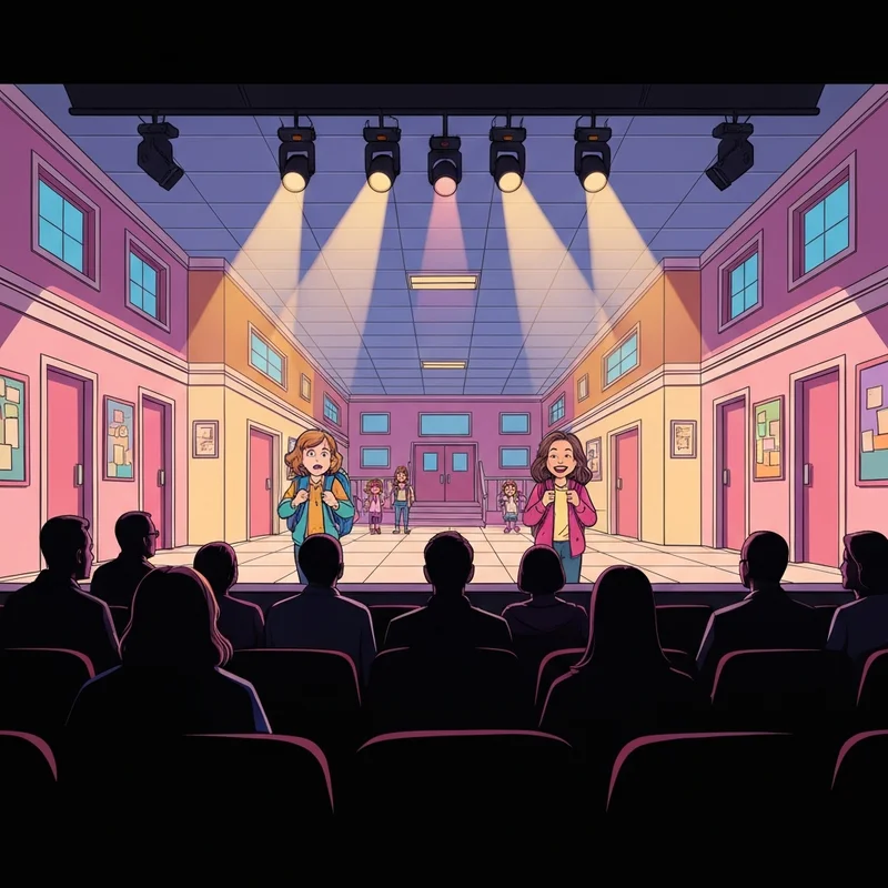 A family theater stage production of Diary of a Wimpy Kid: The Musical showing a middle school scene.