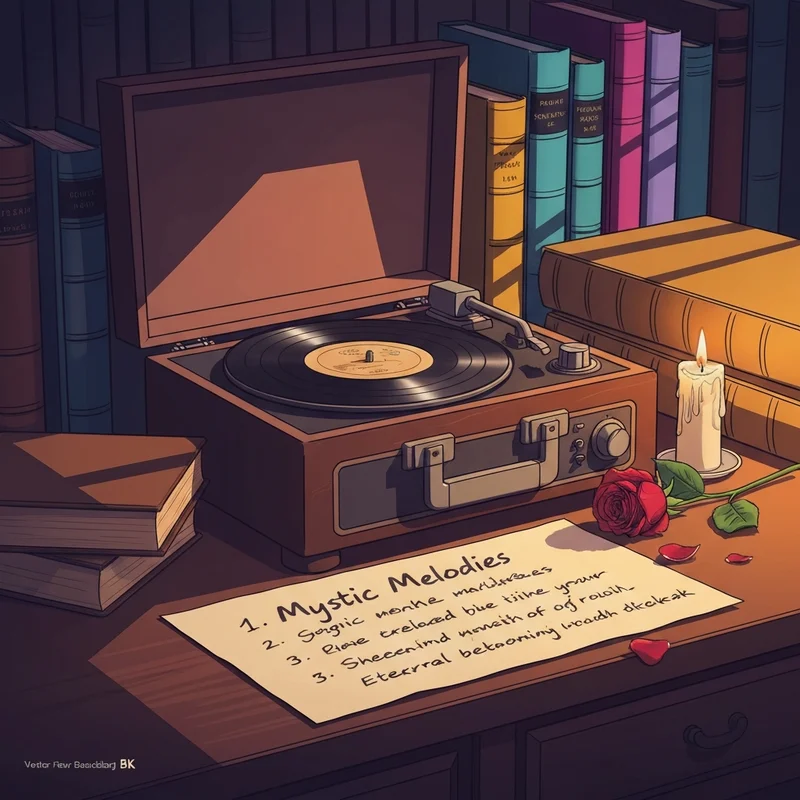A moody aesthetic setup of a record player and a vampire diaries list of songs with a red rose and old books.
