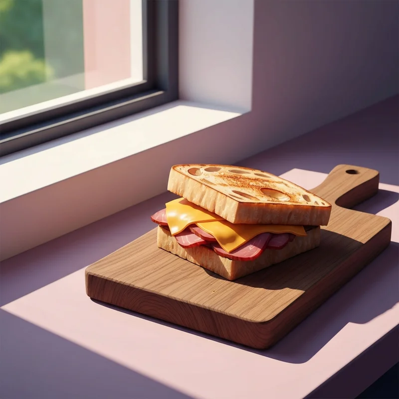 A perfectly prepared starbucks bacon gouda style sandwich on a wooden board with melted cheese and crispy bacon.
