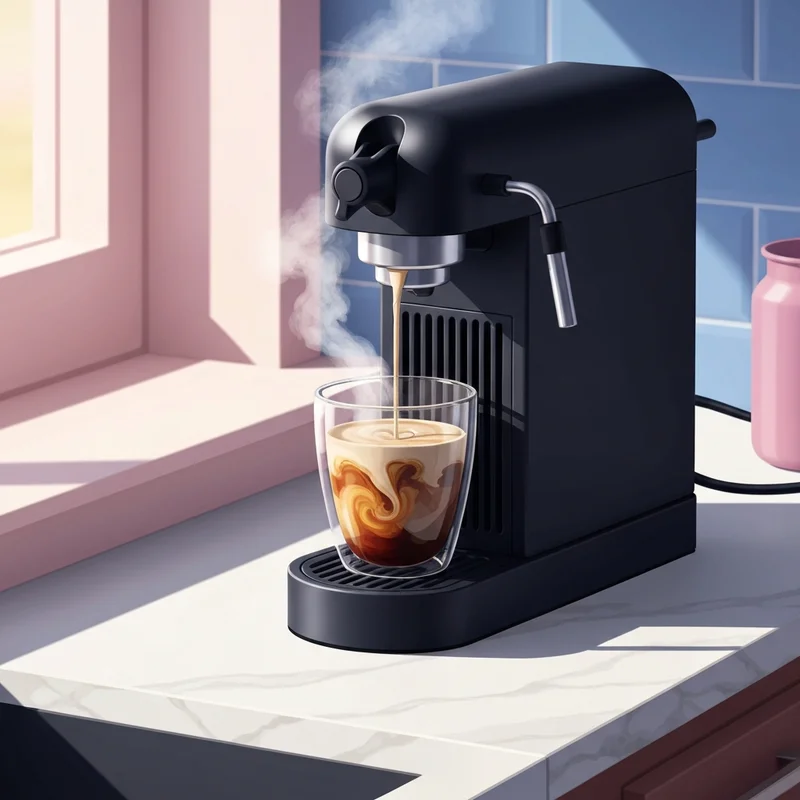A close up of creamy starbucks oatmilk being poured into a glass of espresso on a modern kitchen counter.