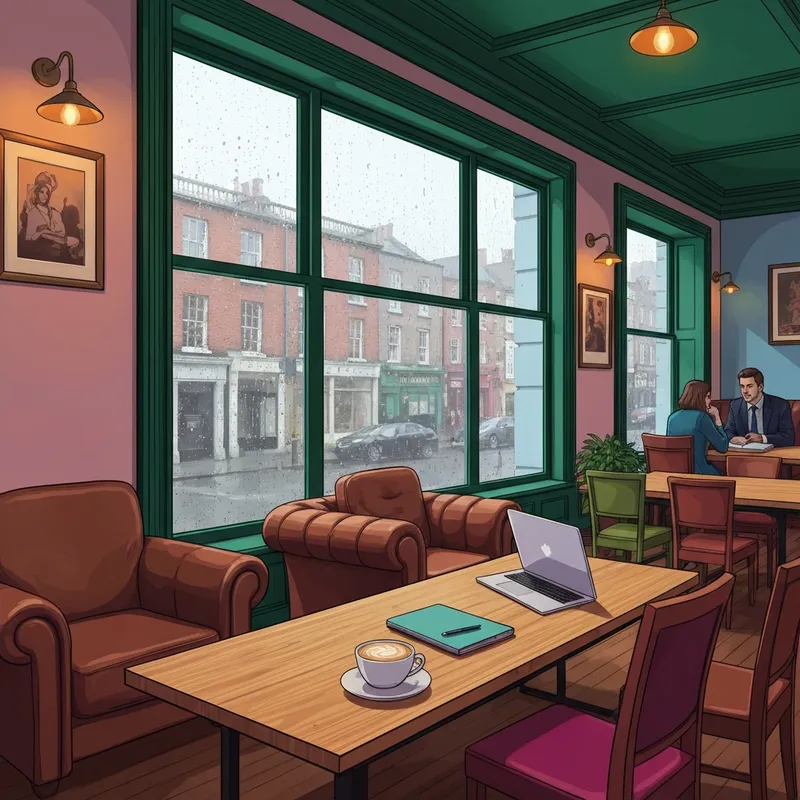 A cozy interior of a starbucks dublin location with a latte and laptop on a wooden table overlooking a rainy city street.