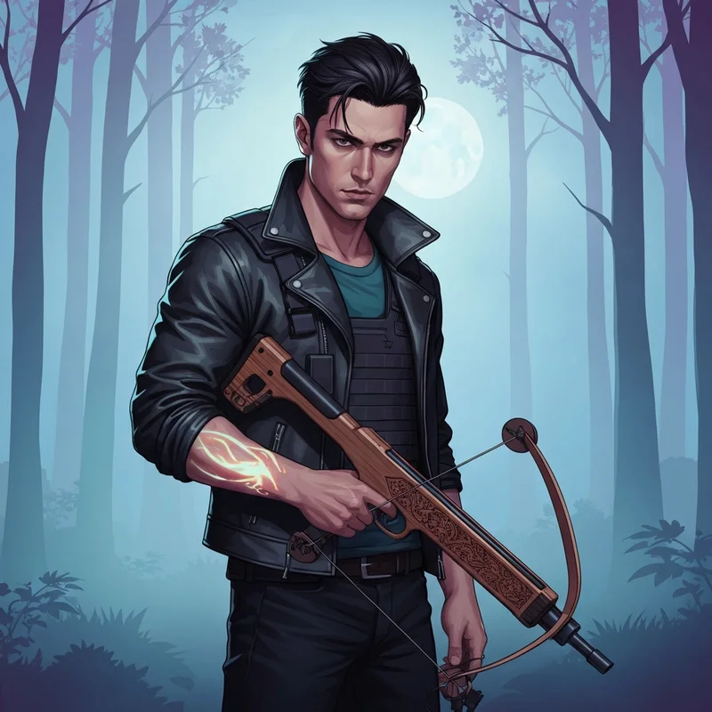 A cinematic depiction of Jeremy Gilbert as a supernatural hunter in a dark forest.