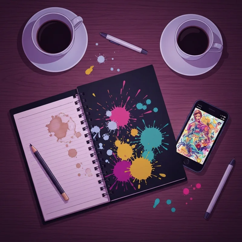 A chaotic and creative desk setup featuring a wreck this diary with torn pages and paint splatters.