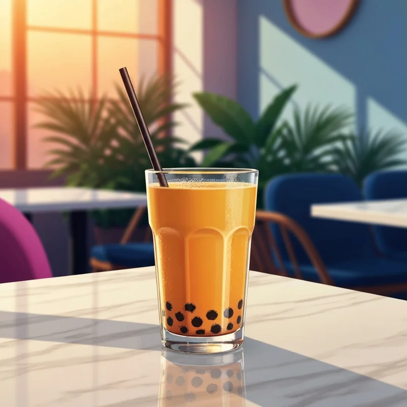 A refreshing glass of mango milk tea with boba pearls on a sunlit cafe table.