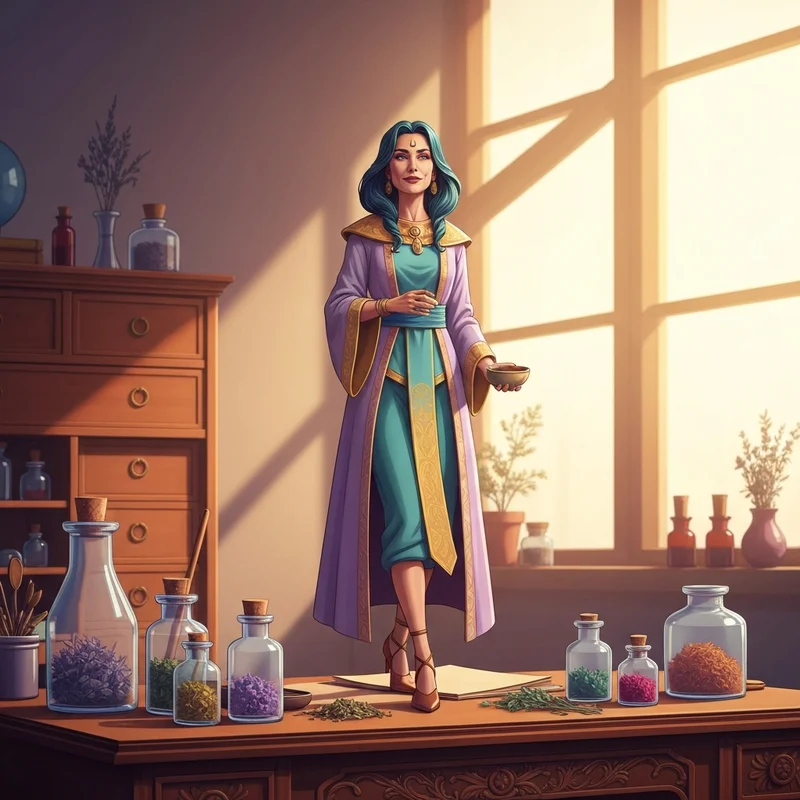 A highly detailed display of apothecary diaries figures on a desk with medicinal herbs.