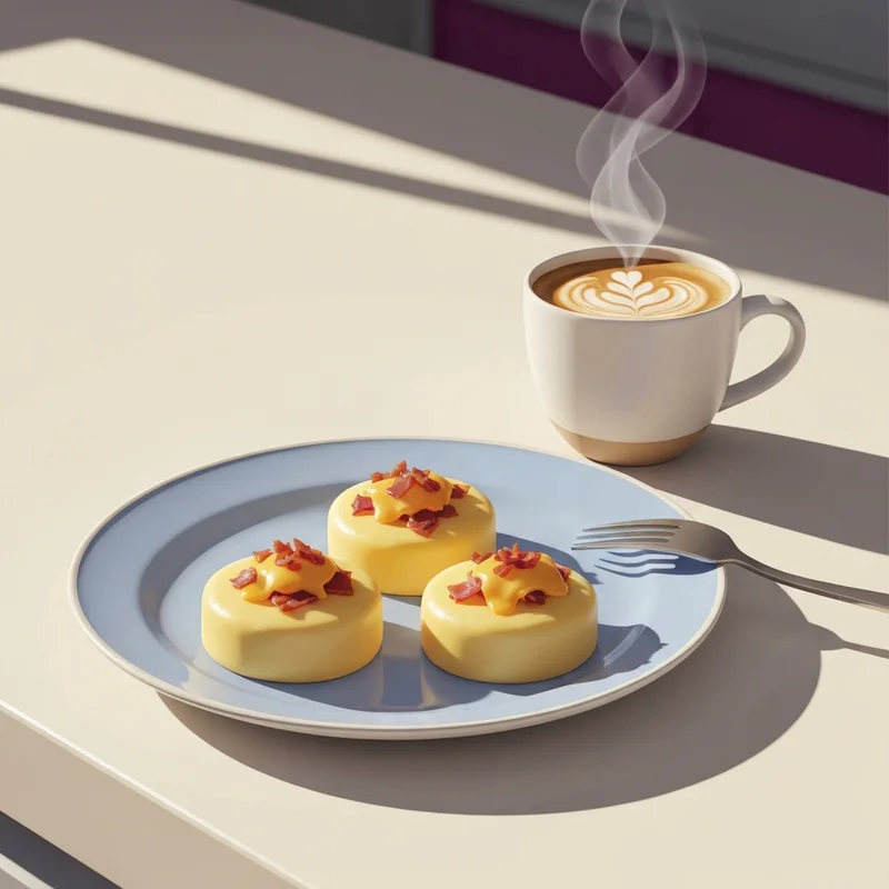 A plate of perfectly cooked starbucks copycat egg bites on a modern kitchen counter with coffee.