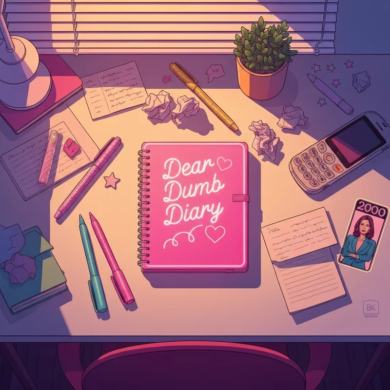 Nostalgic desktop setup featuring the iconic Dear Dumb Diary books aesthetic with glitter pens and a vintage flip phone.