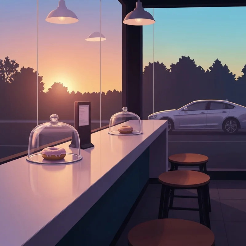 A lonely donut under a glass dome in an empty shop, illustrating the dunkin donuts shortage impact.