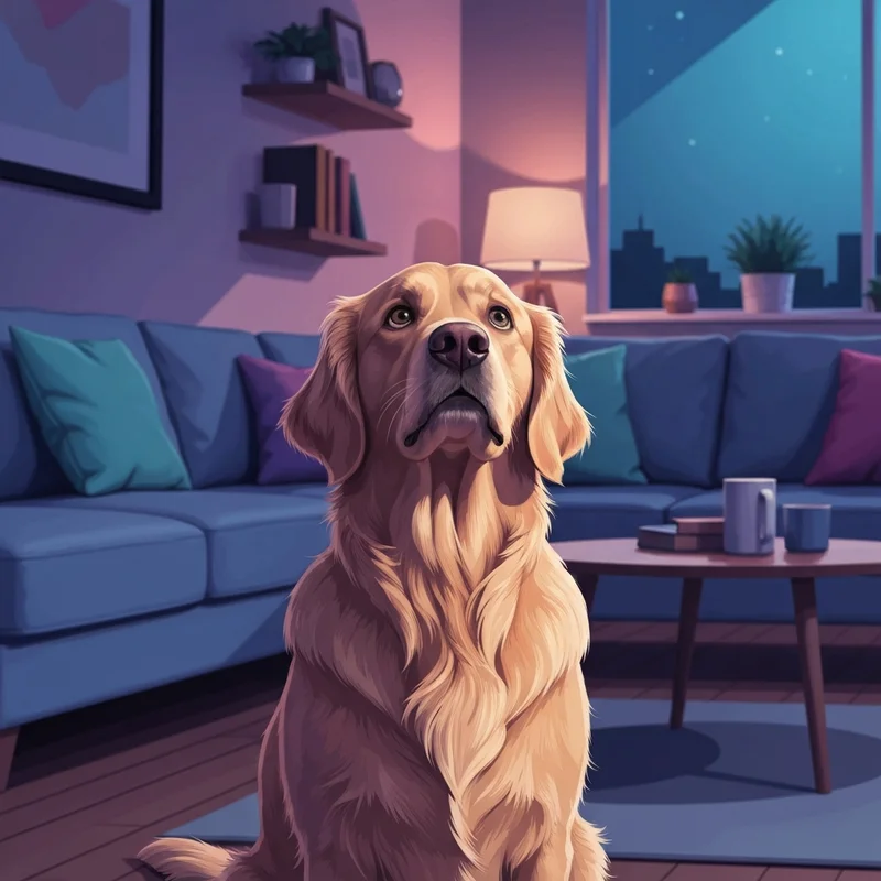 A concerned golden retriever showing early dog bloat symptoms in a living room.