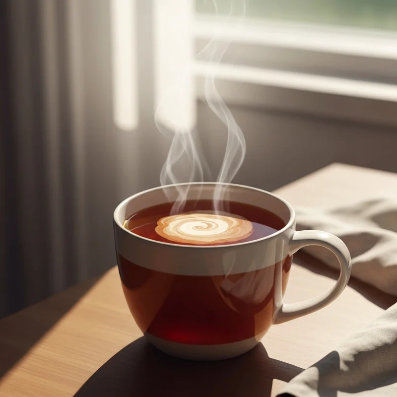 A cozy mug of tea with milk on a wooden table with soft morning light.