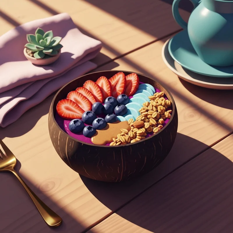 A close-up aesthetic shot of a delicious superfood dish, showing exactly what is an acai bowl with fresh fruit and granola toppings.