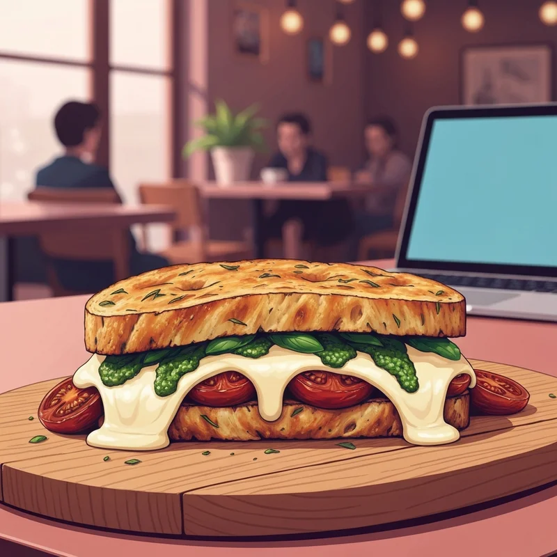 A perfectly toasted starbucks tomato mozzarella panini showing melted cheese and pesto on a rustic wooden board.