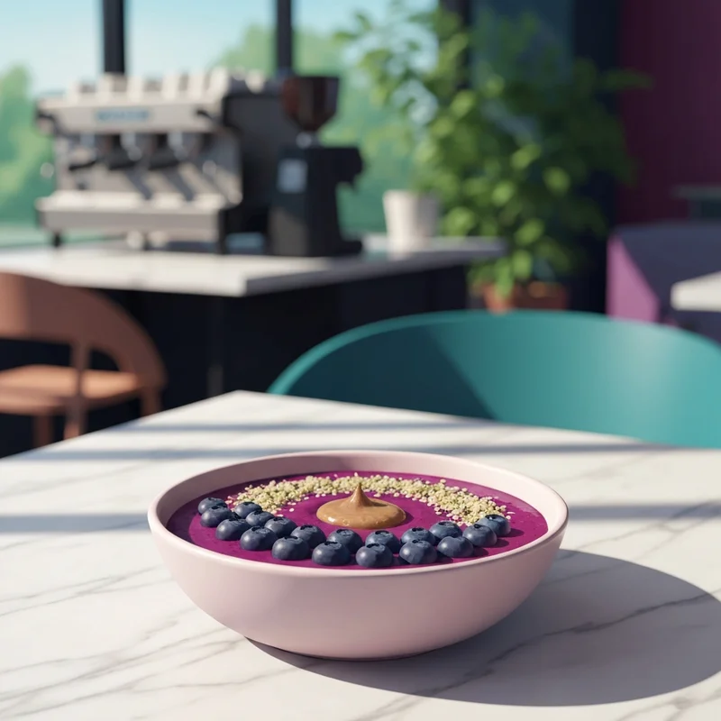 A macro-friendly bowl showing the visual representation of acai bowl nutrition facts in a trendy cafe setting.
