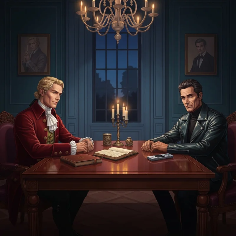 Two men reflecting the archetypes from the Interview with the Vampire: Cast Diaries sitting in a moody New Orleans study.