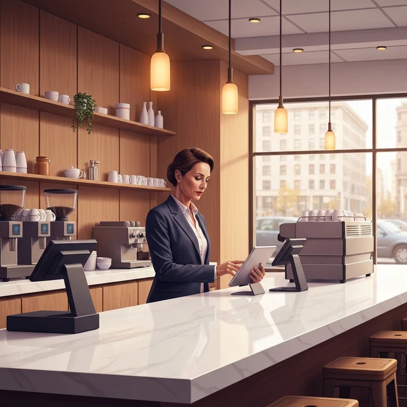 A professional woman considering the starbucks coffee franchise price for a new business venture in a modern cafe.