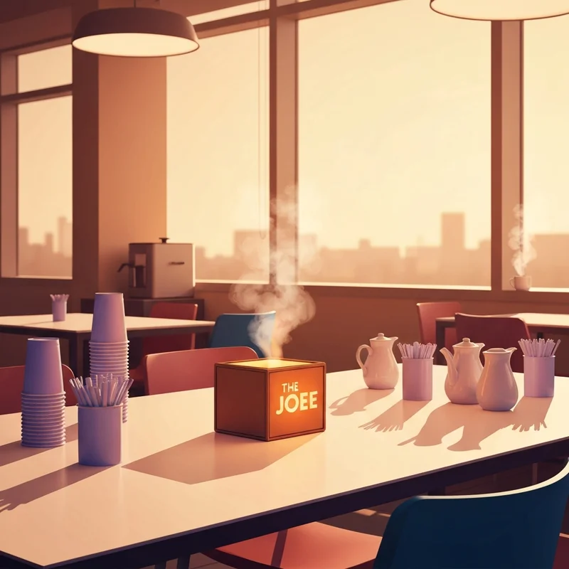 A complete setup of a box of joe dunkin donuts on an office table ready for a meeting.