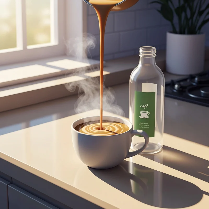 A luxurious pour of starbucks non dairy creamer into a steaming mug of coffee on a modern kitchen counter.