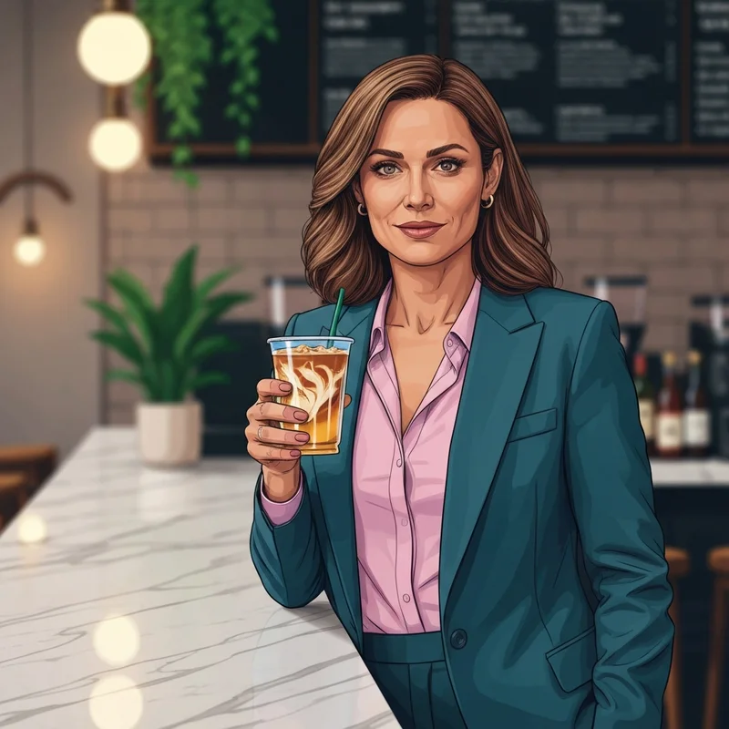 A woman holding an iced latte, calculating the calories in vanilla syrup at starbucks for a healthy lifestyle.