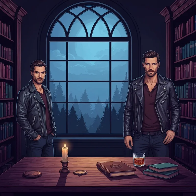 Two brothers standing in a gothic library, illustrating how many seasons are there for vampire diaries and the atmosphere of Mystic Falls.