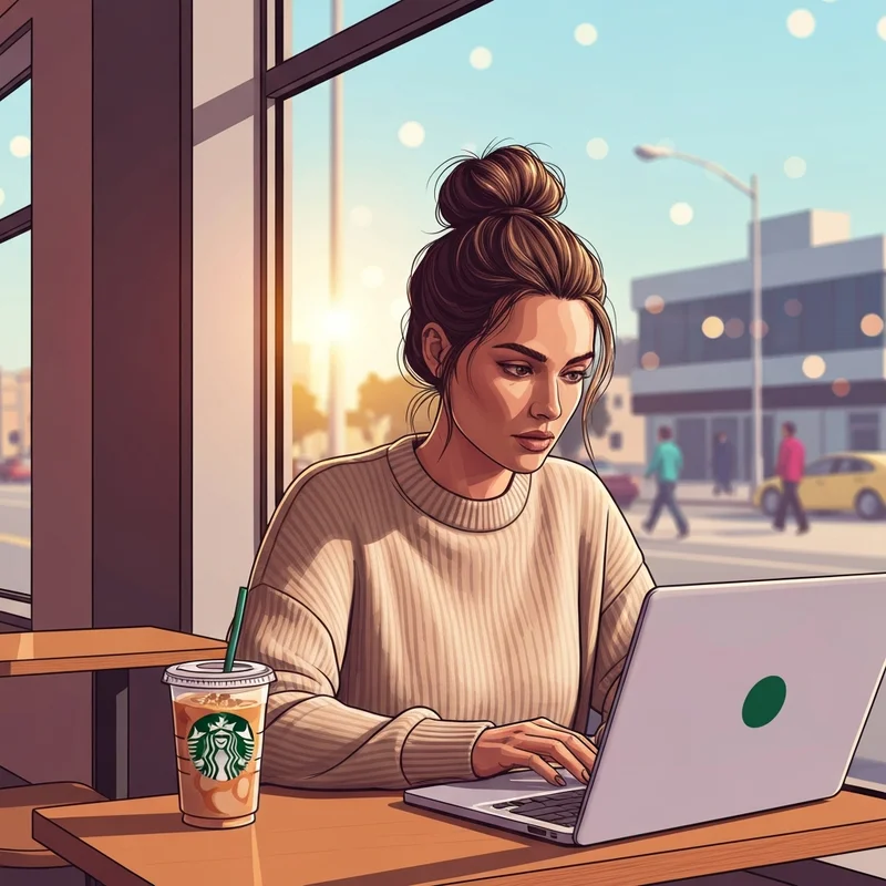 A Gen Z student focused on her laptop while enjoying a drink at a starbucks oxnard location.