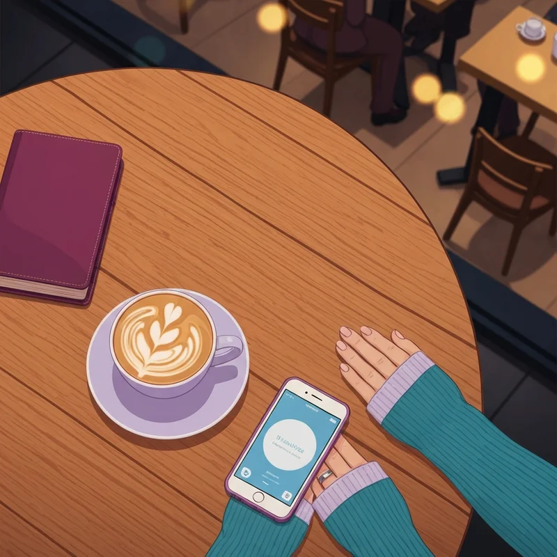 A woman checking her phone while holding a drink from the starbucks prices menu in a cozy cafe.