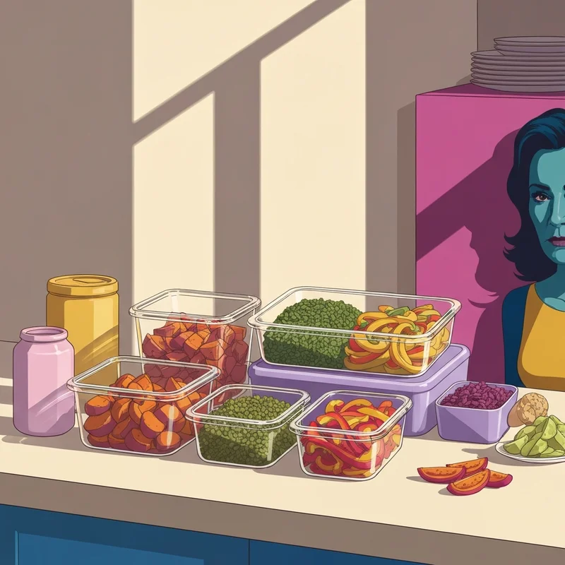 A collection of organized glass containers showcasing various colorful vegan meal prep recipes on a clean kitchen counter.