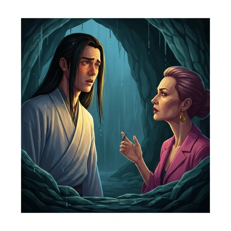 A dramatic rendering of the apothecary diaries frog scene showing Jinshi and Maomao in the cave.