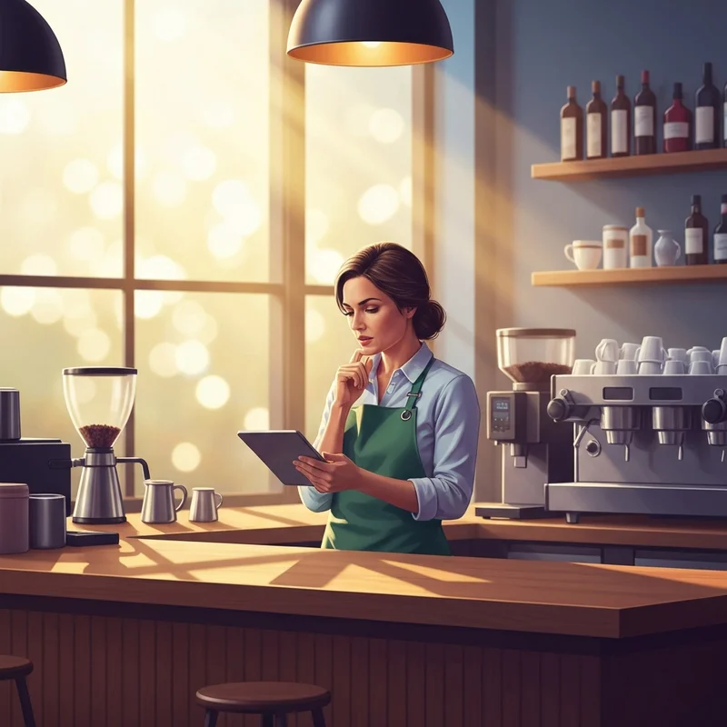 A young barista considering the Starbucks starting wage while working a morning shift in a modern cafe.