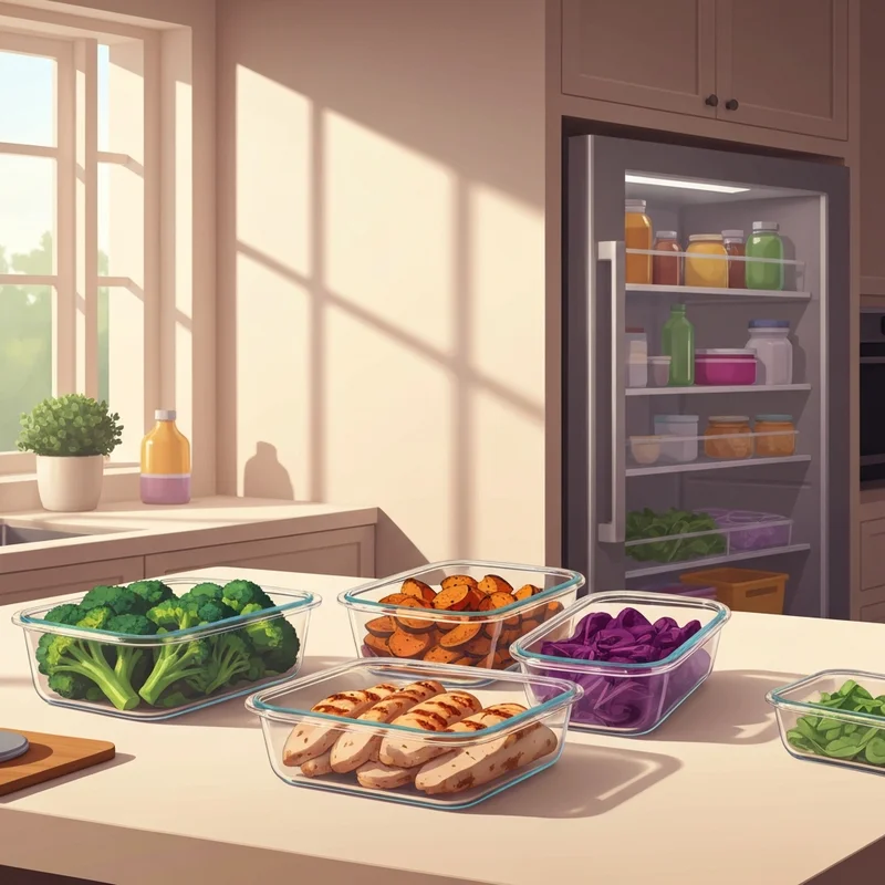 A perfectly organized kitchen counter showing easy high protein meal prep in glass containers for a healthy lifestyle.