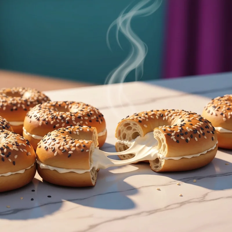 A close up of homemade dunkin bagel bites with a creamy center on a kitchen counter.