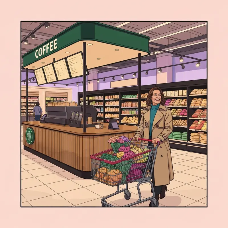 A woman enjoying a kroger starbucks coffee while grocery shopping in a modern supermarket.