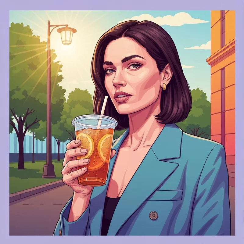 A trendy Gen Z woman enjoying a refreshing Dunkin Donuts Tea in a sunny city setting.