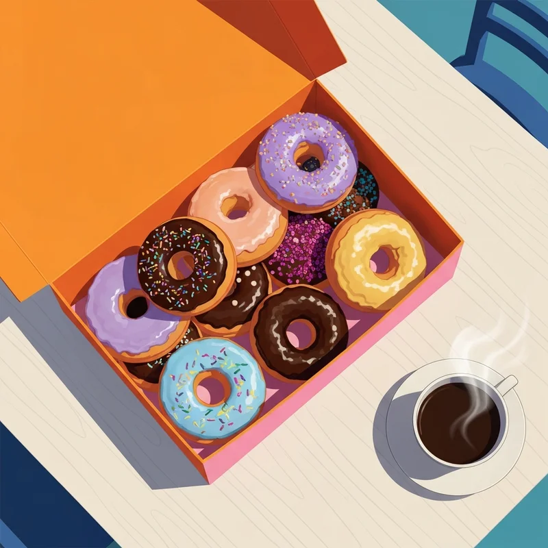 A box of assorted pastries illustrating the question of Dunkin donuts how much is a donut in a modern cafe setting.