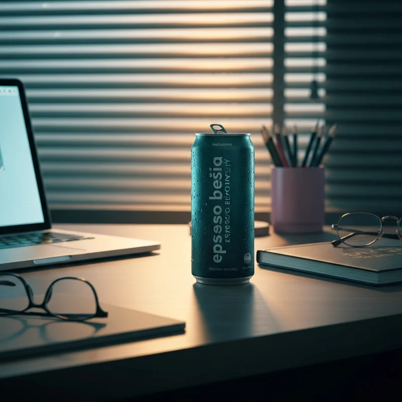 A chilled starbucks doubleshot energy can sitting on a workspace desk to boost productivity.
