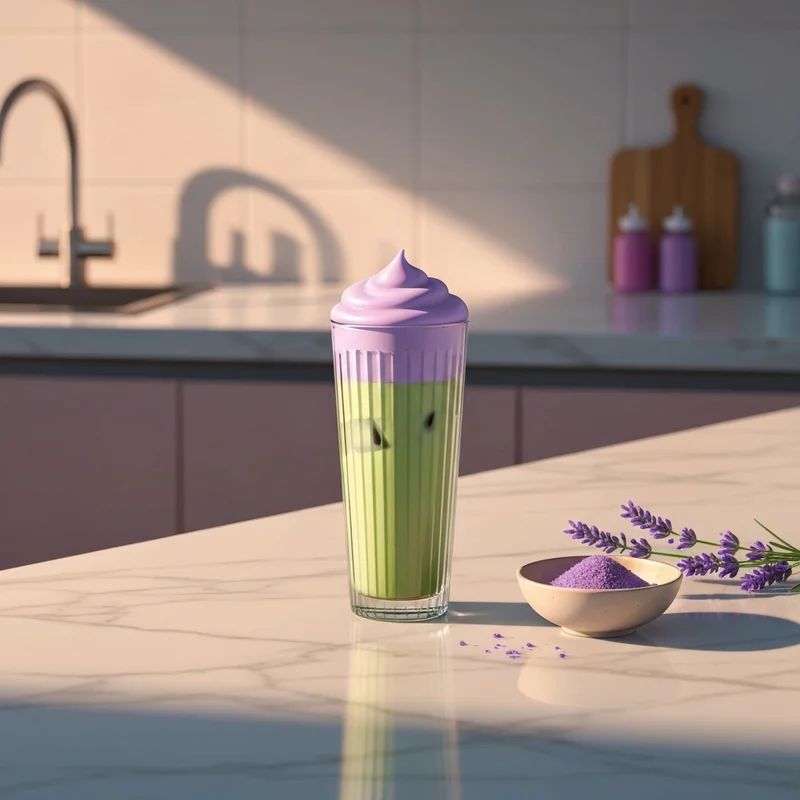A perfectly layered iced matcha latte topped with purple foam inspired by starbucks lavender powder on a marble counter.