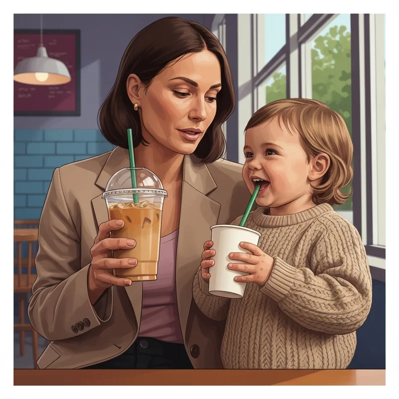 A stylish mother and toddler enjoying healthy starbucks kids drinks in a modern cafe setting.